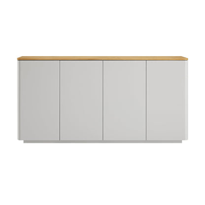 Buffet Agnes à bords incurvés, 150 cm de large, gris tourterelle avec plateau en chêne