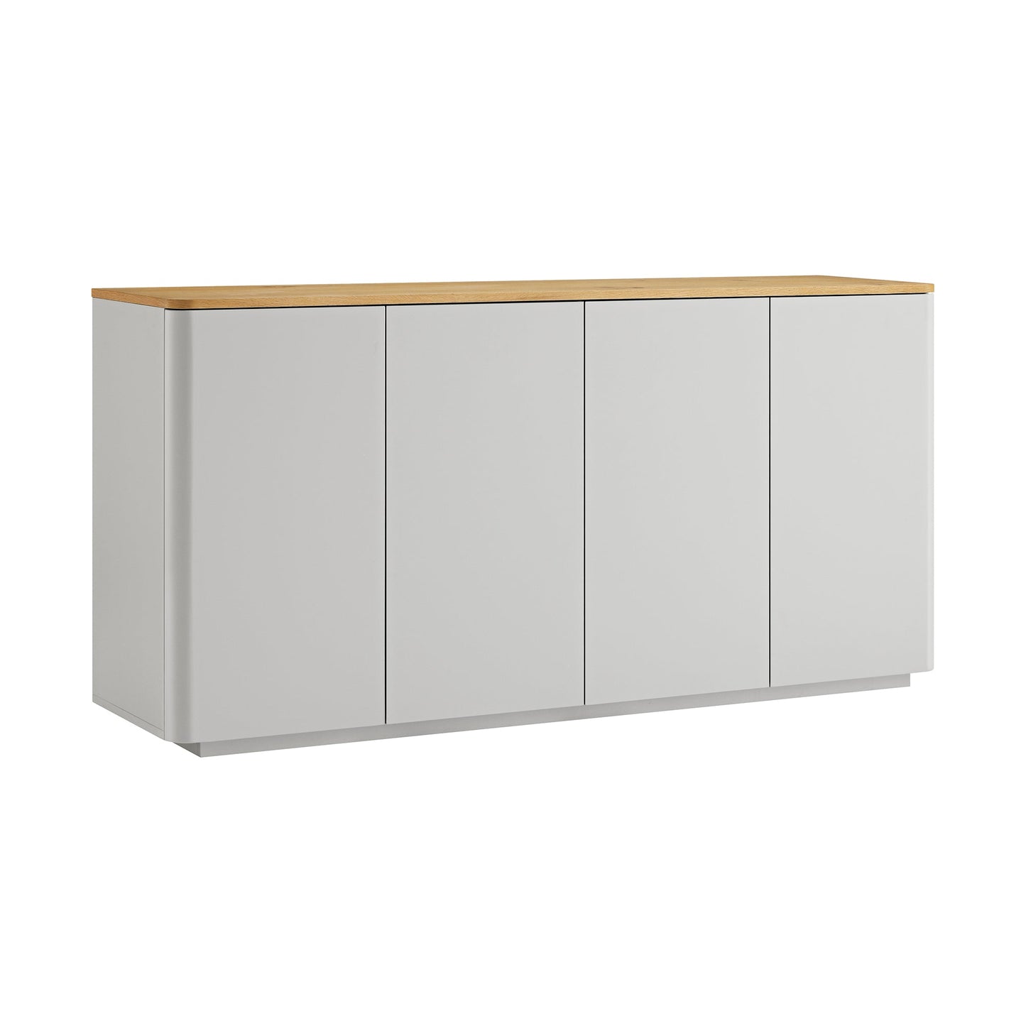 Buffet Agnes à bords incurvés, 150 cm de large, gris tourterelle avec plateau en chêne