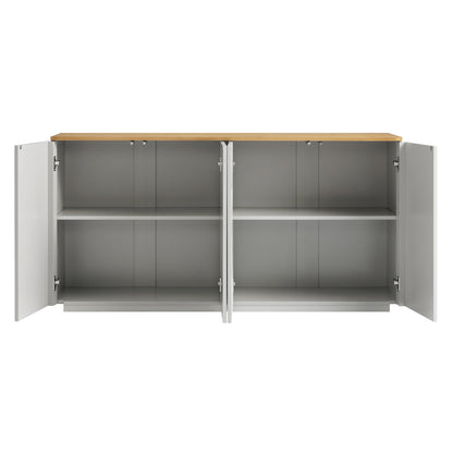 Buffet Agnes à bords incurvés, 150 cm de large, gris tourterelle avec plateau en chêne