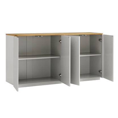 Buffet Agnes à bords incurvés, 150 cm de large, gris tourterelle avec plateau en chêne