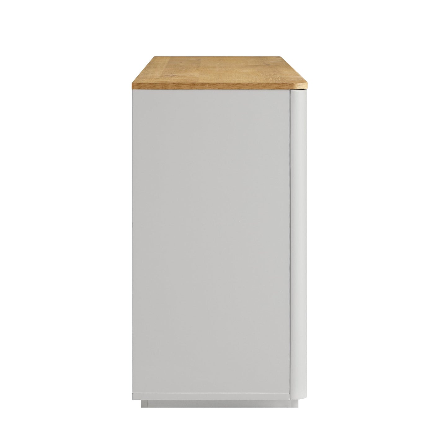 Buffet Agnes à bords incurvés, 150 cm de large, gris tourterelle avec plateau en chêne