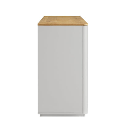 Buffet Agnes à bords incurvés, 150 cm de large, gris tourterelle avec plateau en chêne