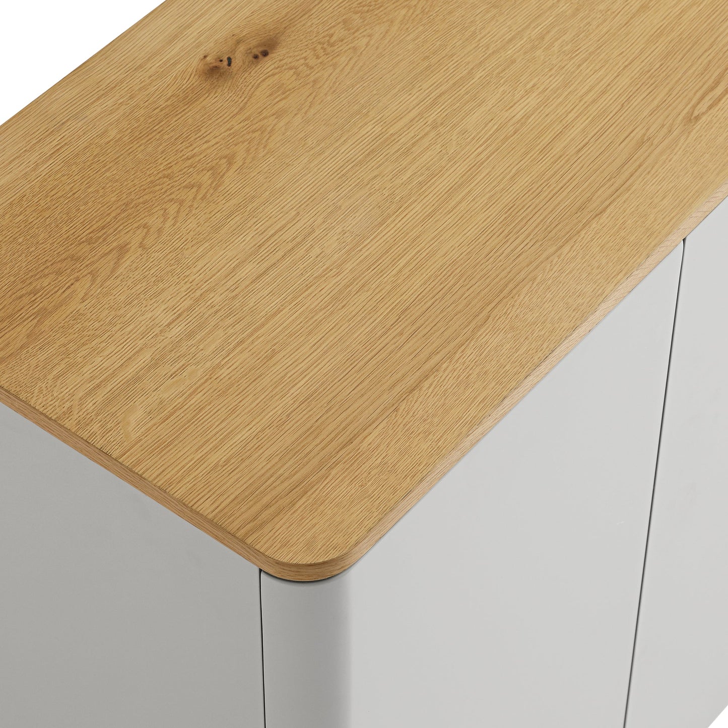 Buffet Agnes à bords incurvés, 150 cm de large, gris tourterelle avec plateau en chêne