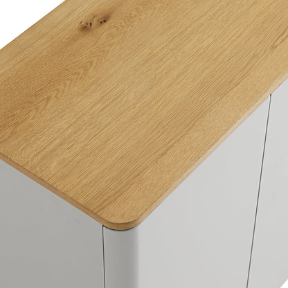 Buffet Agnes à bords incurvés, 150 cm de large, gris tourterelle avec plateau en chêne