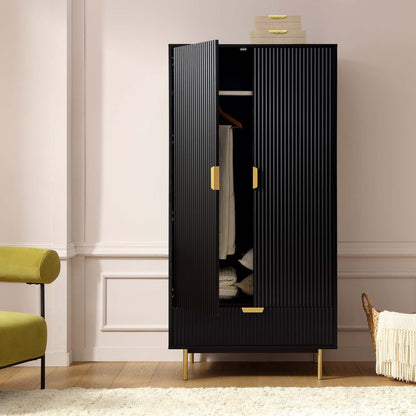 Armoire double striée Richmond avec tiroir, noir mat