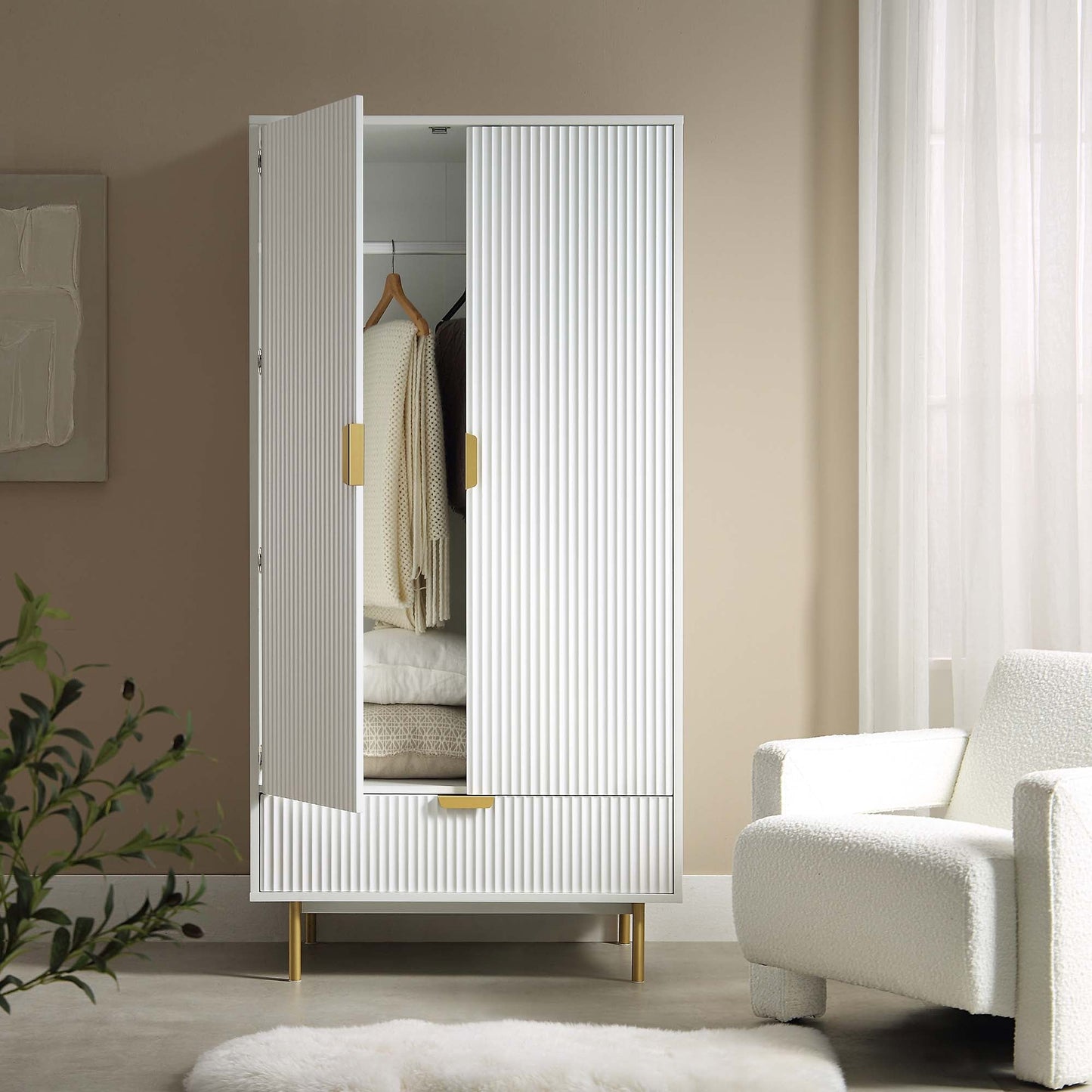 Armoire double striée Richmond avec tiroir, blanc mat