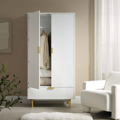 Armoire double striée Richmond avec tiroir, blanc mat