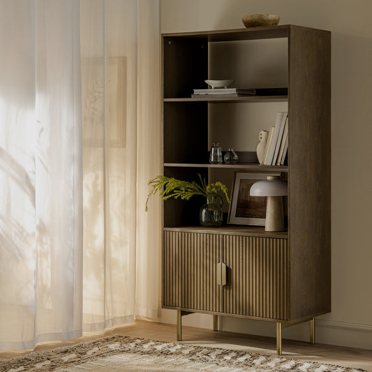 Bibliothèque haute striée Richmond avec portes, frêne foncé