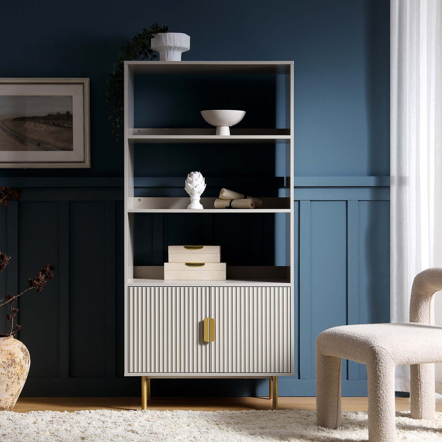 Bibliothèque haute Richmond striée avec portes, taupe mat