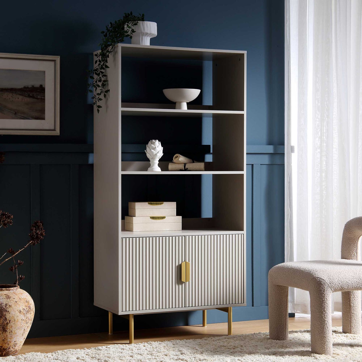 Bibliothèque haute Richmond striée avec portes, taupe mat