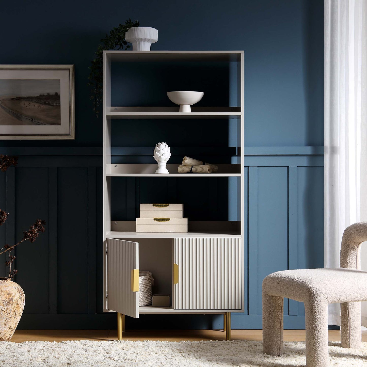 Bibliothèque haute Richmond striée avec portes, taupe mat