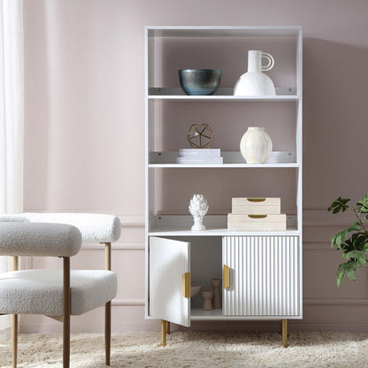 Bibliothèque haute Richmond striée avec portes, blanc mat