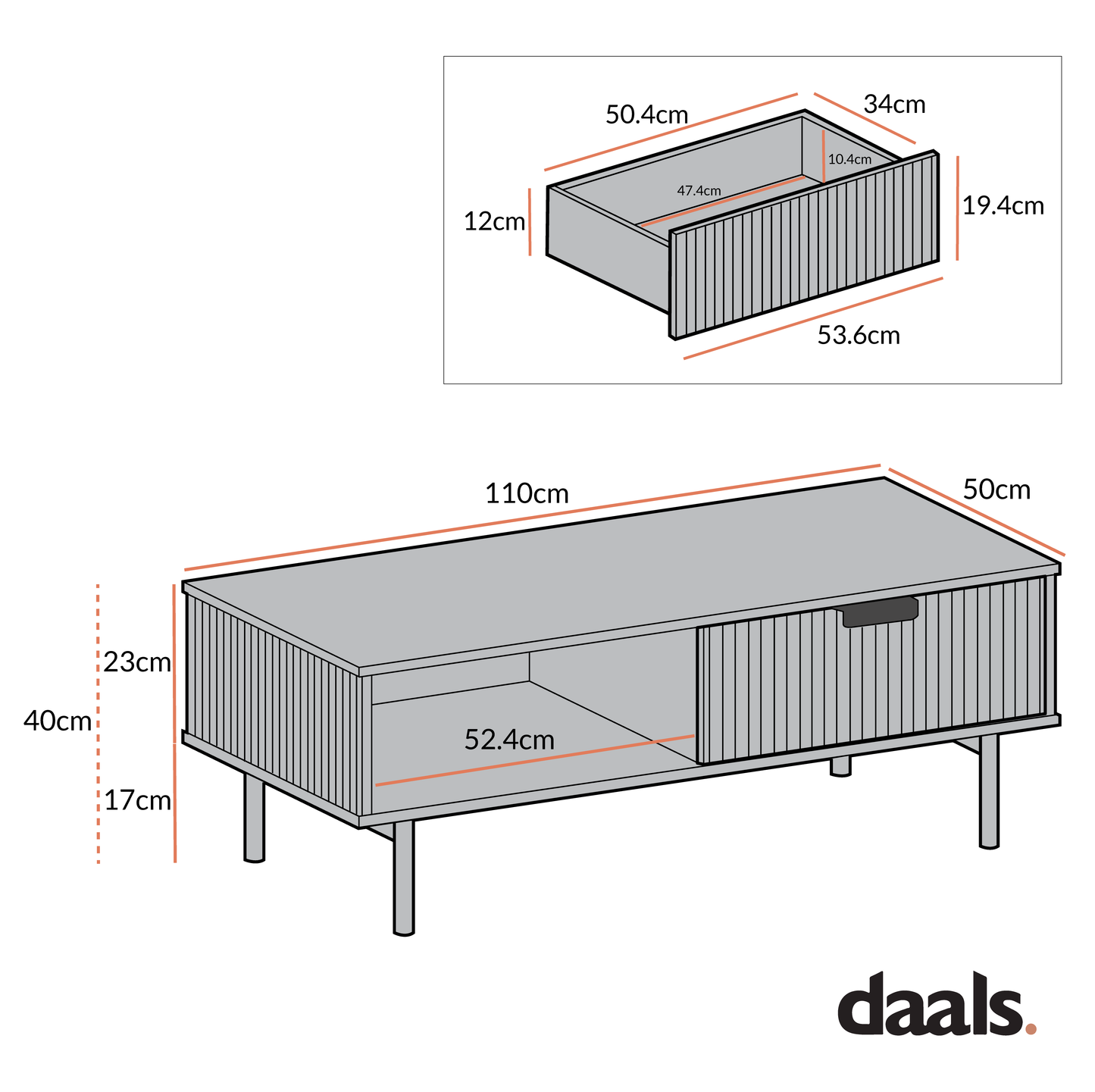 Table basse Richmond striée avec tiroir, noir mat