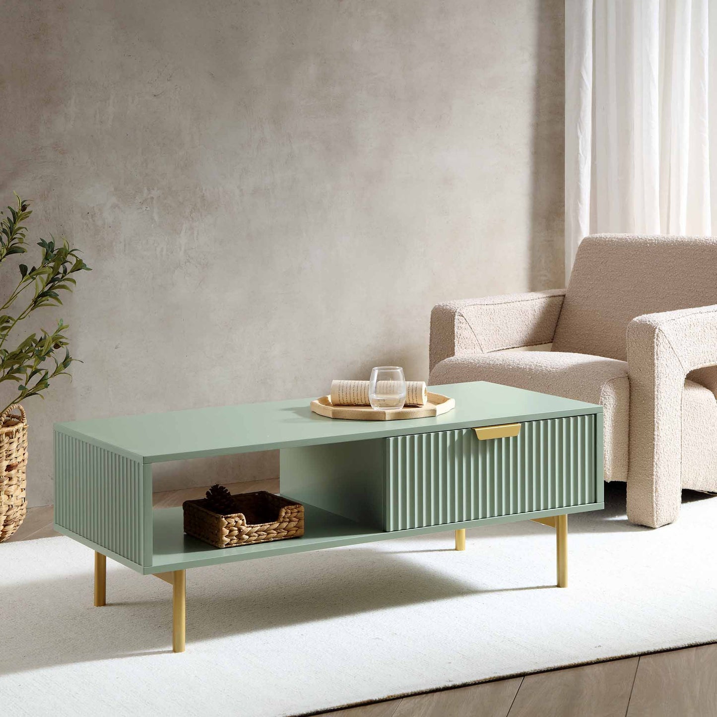 Table basse Richmond striée avec tiroir, vert sauge mat