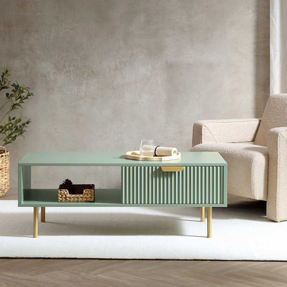 Table basse Richmond striée avec tiroir, vert sauge mat