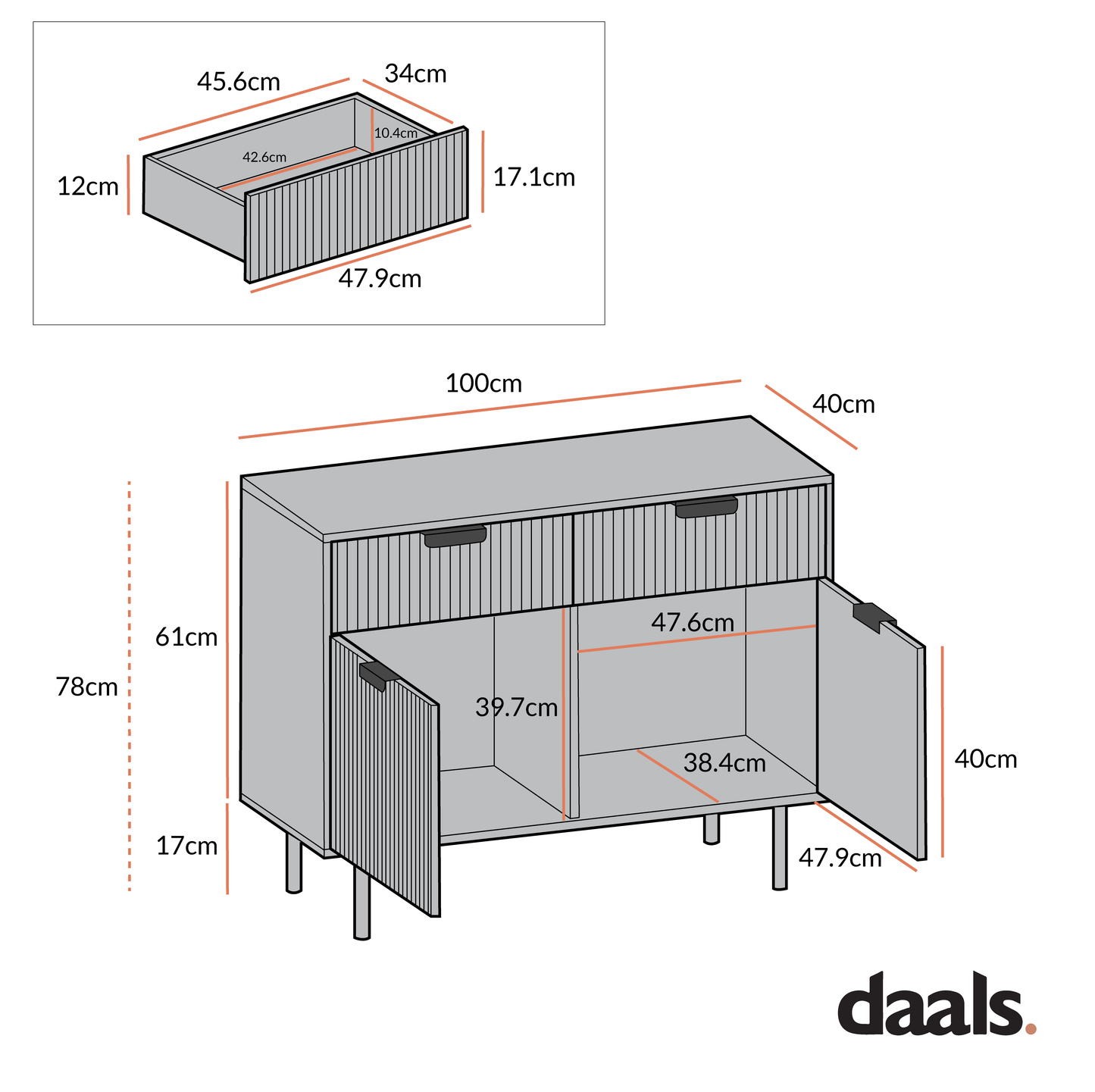 Armoire Richmond striée à 2 portes avec tiroirs, blanc mat