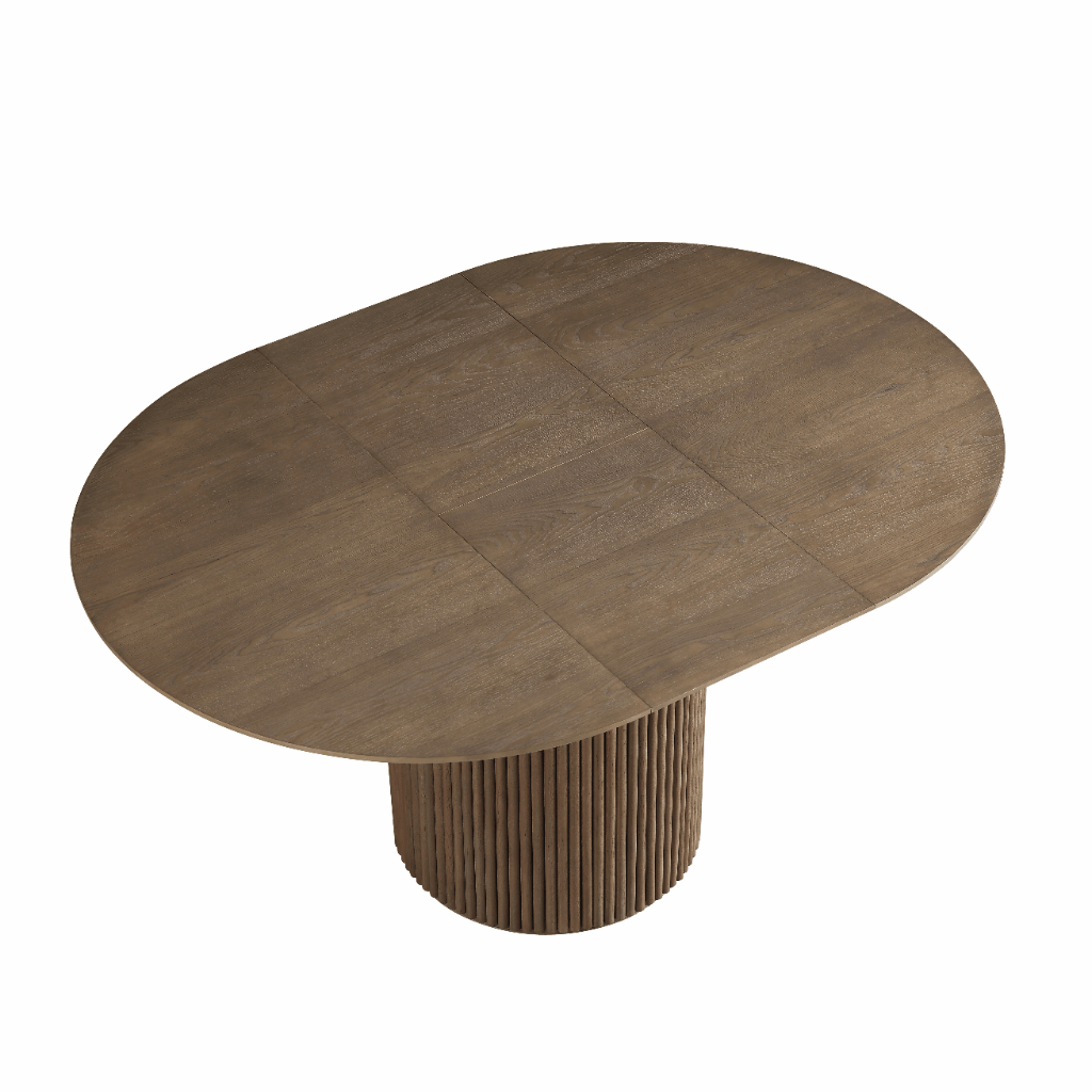Table à manger ronde extensible Maru 4 à 6 places avec piédestal en chêne, chêne argenté