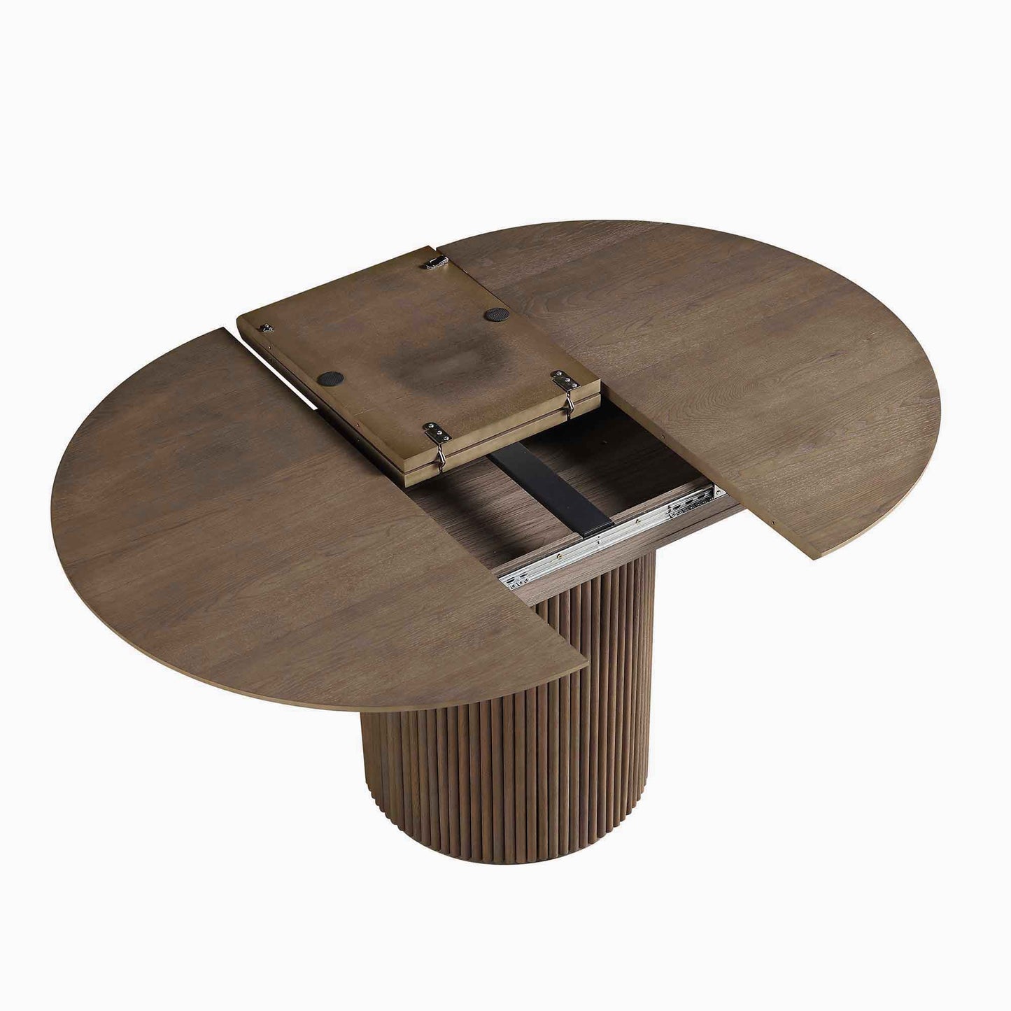 Table à manger ronde extensible Maru 4 à 6 places avec piédestal en chêne, chêne argenté