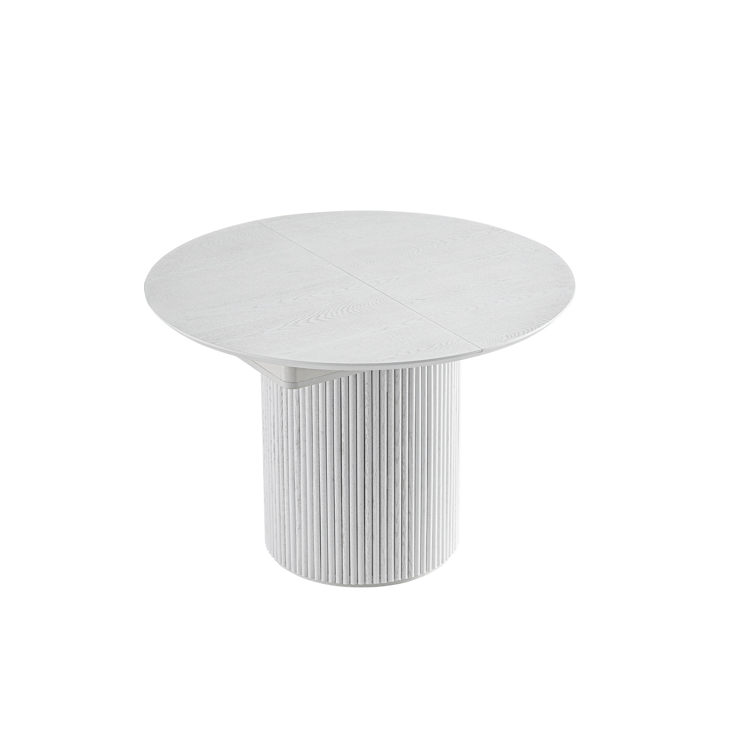 Table à manger ronde extensible Maru 4 à 6 places avec piédestal en chêne, blanc délavé