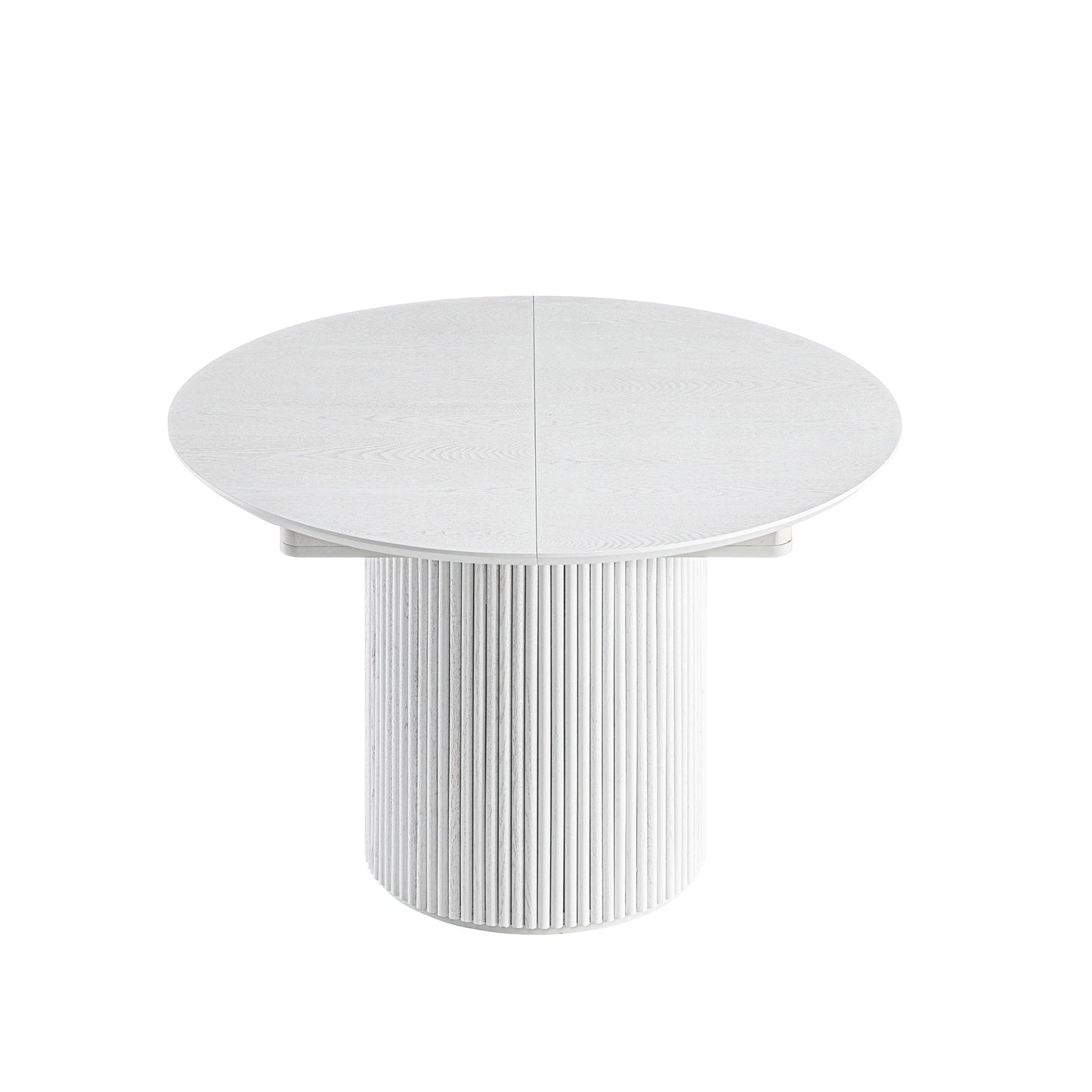 Table à manger ronde extensible Maru 4 à 6 places avec piédestal en chêne, blanc délavé