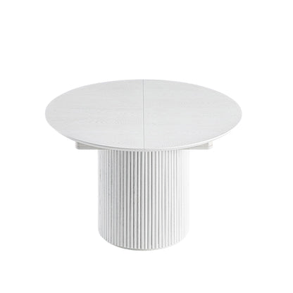 Table à manger ronde extensible Maru 4 à 6 places avec piédestal en chêne, blanc délavé