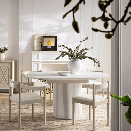 Table à manger ronde extensible Maru 4 à 6 places avec piédestal en chêne, blanc délavé