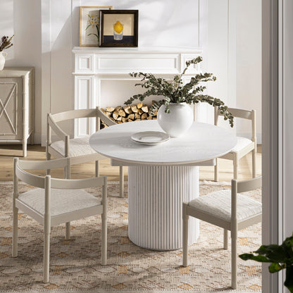 Table à manger ronde extensible Maru 4 à 6 places avec piédestal en chêne, blanc délavé