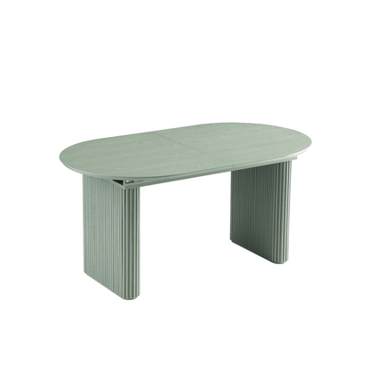 Table à manger ovale extensible Maru 6-8 places avec piédestal en chêne, vert sauge