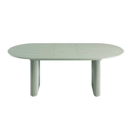 Table à manger ovale extensible Maru 6-8 places avec piédestal en chêne, vert sauge