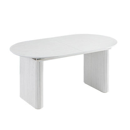 Table à manger ovale extensible Maru 6 à 8 places avec piédestal en chêne, blanc délavé