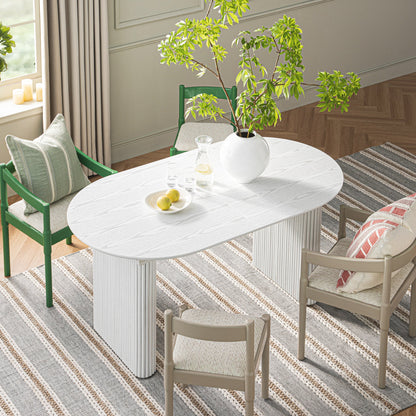 Table à manger ovale extensible Maru 6 à 8 places avec piédestal en chêne, blanc délavé