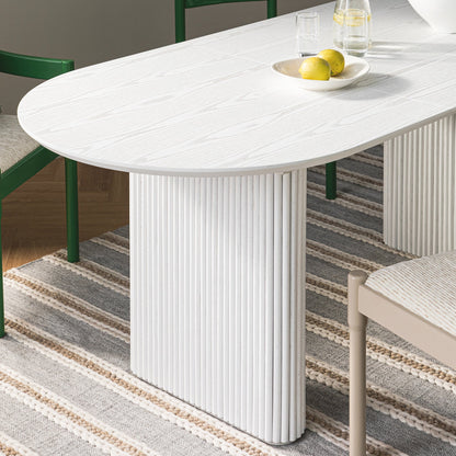 Table à manger ovale extensible Maru 6 à 8 places avec piédestal en chêne, blanc délavé