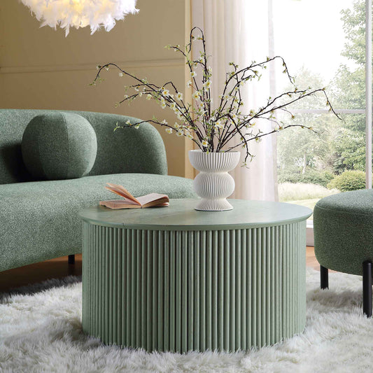 Table basse ronde en chêne Maru avec rangement, vert sauge