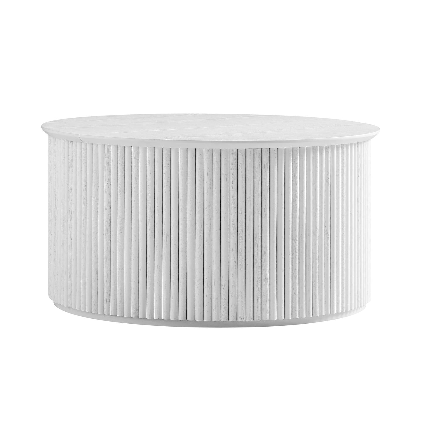 Table basse ronde en chêne Maru avec rangement, blanc délavé