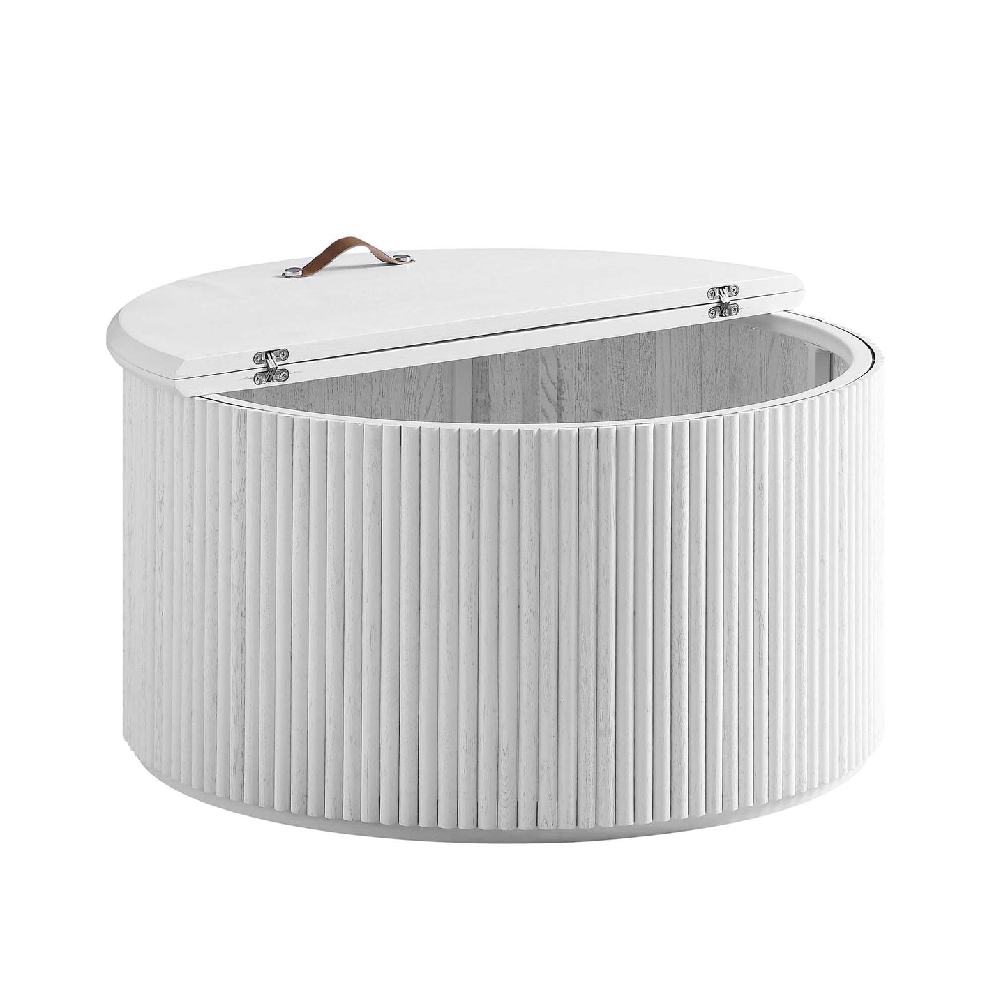 Table basse ronde en chêne Maru avec rangement, blanc délavé