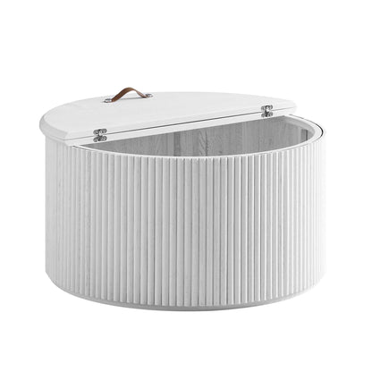 Table basse ronde en chêne Maru avec rangement, blanc délavé