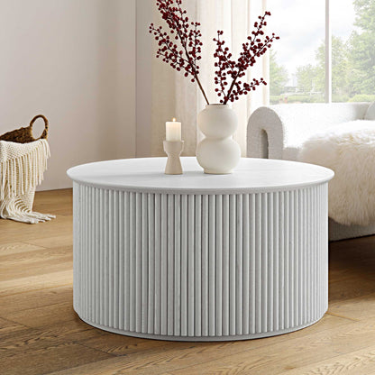 Table basse ronde en chêne Maru avec rangement, blanc délavé