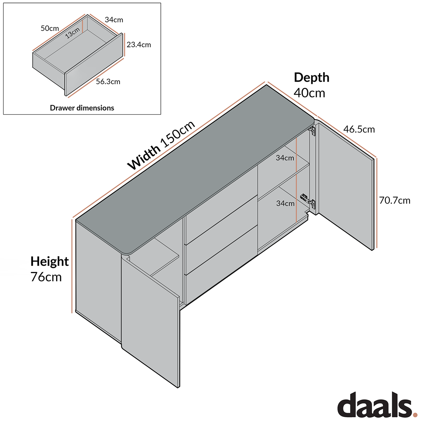 Buffet large Agnes à bords incurvés, 2 portes et 3 tiroirs, naturel