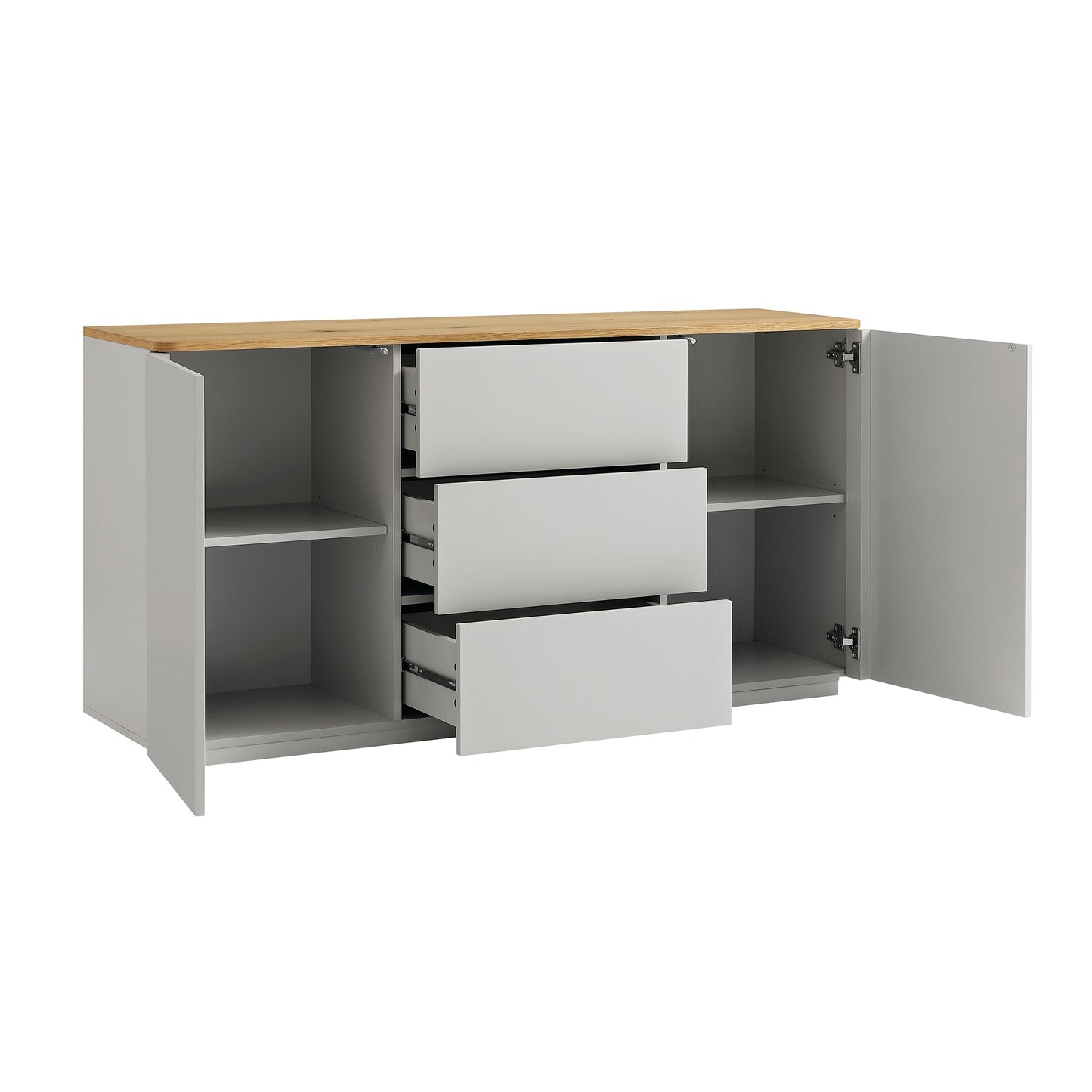 Buffet large Agnes à bords incurvés, 2 portes et 3 tiroirs, gris tourterelle avec plateau en chêne