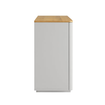 Buffet large Agnes à bords incurvés, 2 portes et 3 tiroirs, gris tourterelle avec plateau en chêne