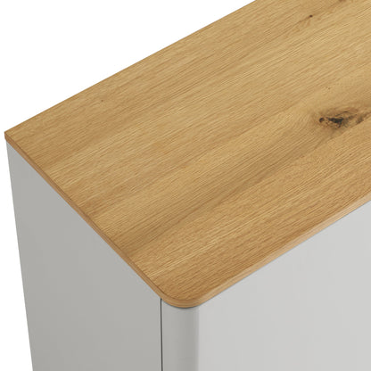 Buffet large Agnes à bords incurvés, 2 portes et 3 tiroirs, gris tourterelle avec plateau en chêne