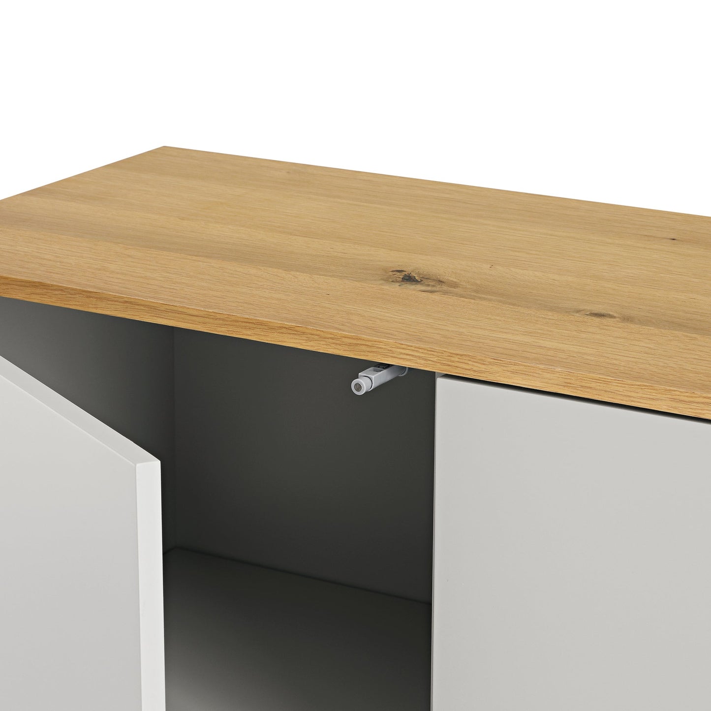 Buffet large Agnes à bords incurvés, 2 portes et 3 tiroirs, gris tourterelle avec plateau en chêne