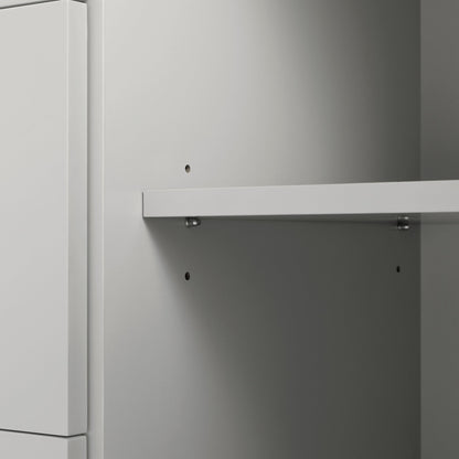 Buffet large Agnes à bords incurvés, 2 portes et 3 tiroirs, gris tourterelle avec plateau en chêne