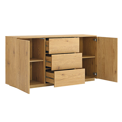 Buffet large Agnes à bords incurvés, 2 portes et 3 tiroirs, naturel