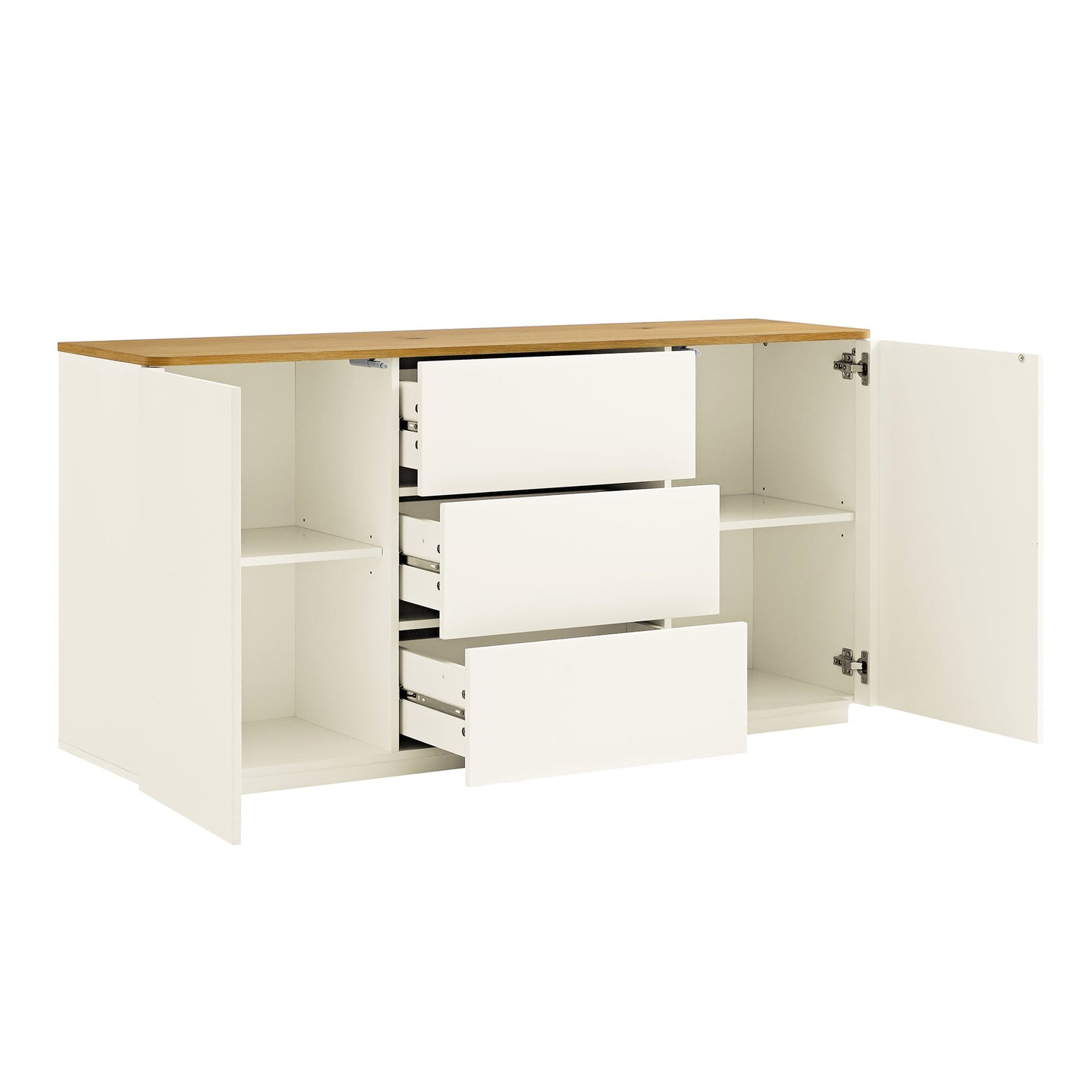 Buffet large Agnes à bords incurvés, 2 portes et 3 tiroirs, blanc cassé avec plateau en chêne