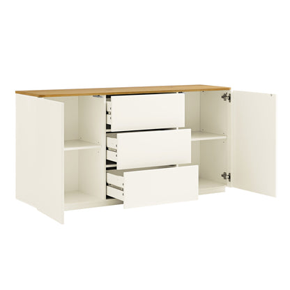 Buffet large Agnes à bords incurvés, 2 portes et 3 tiroirs, blanc cassé avec plateau en chêne