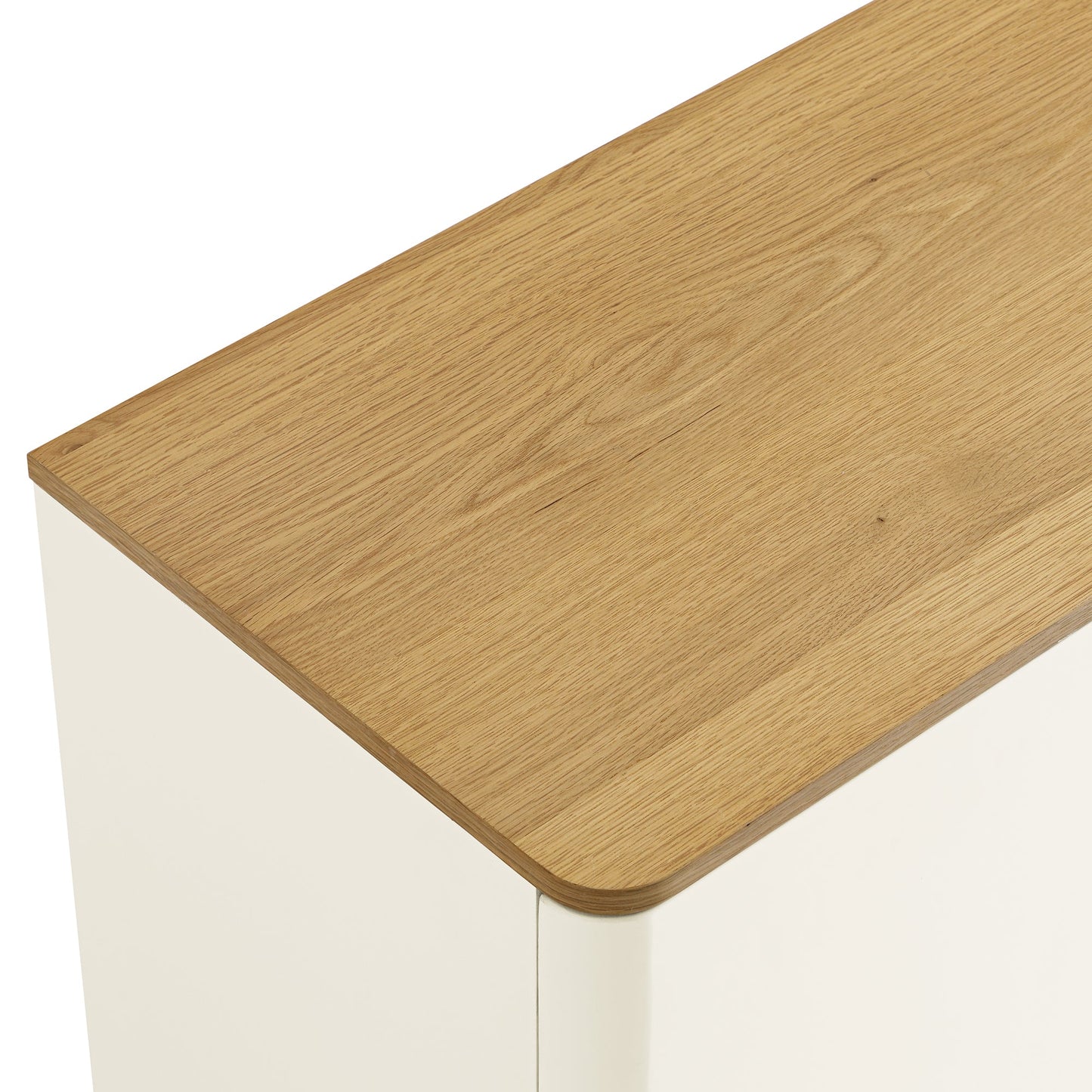 Buffet large Agnes à bords incurvés, 2 portes et 3 tiroirs, blanc cassé avec plateau en chêne