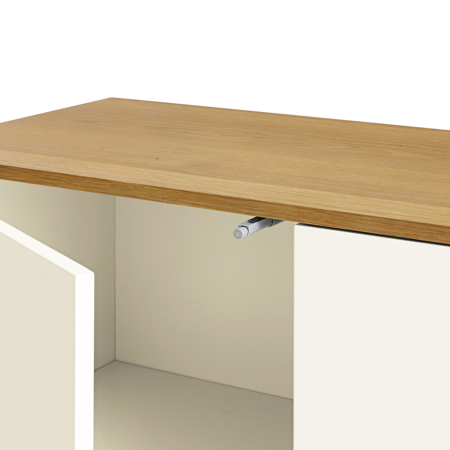 Buffet large Agnes à bords incurvés, 2 portes et 3 tiroirs, blanc cassé avec plateau en chêne