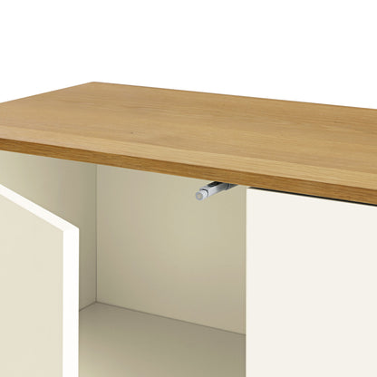 Buffet large Agnes à bords incurvés, 2 portes et 3 tiroirs, blanc cassé avec plateau en chêne