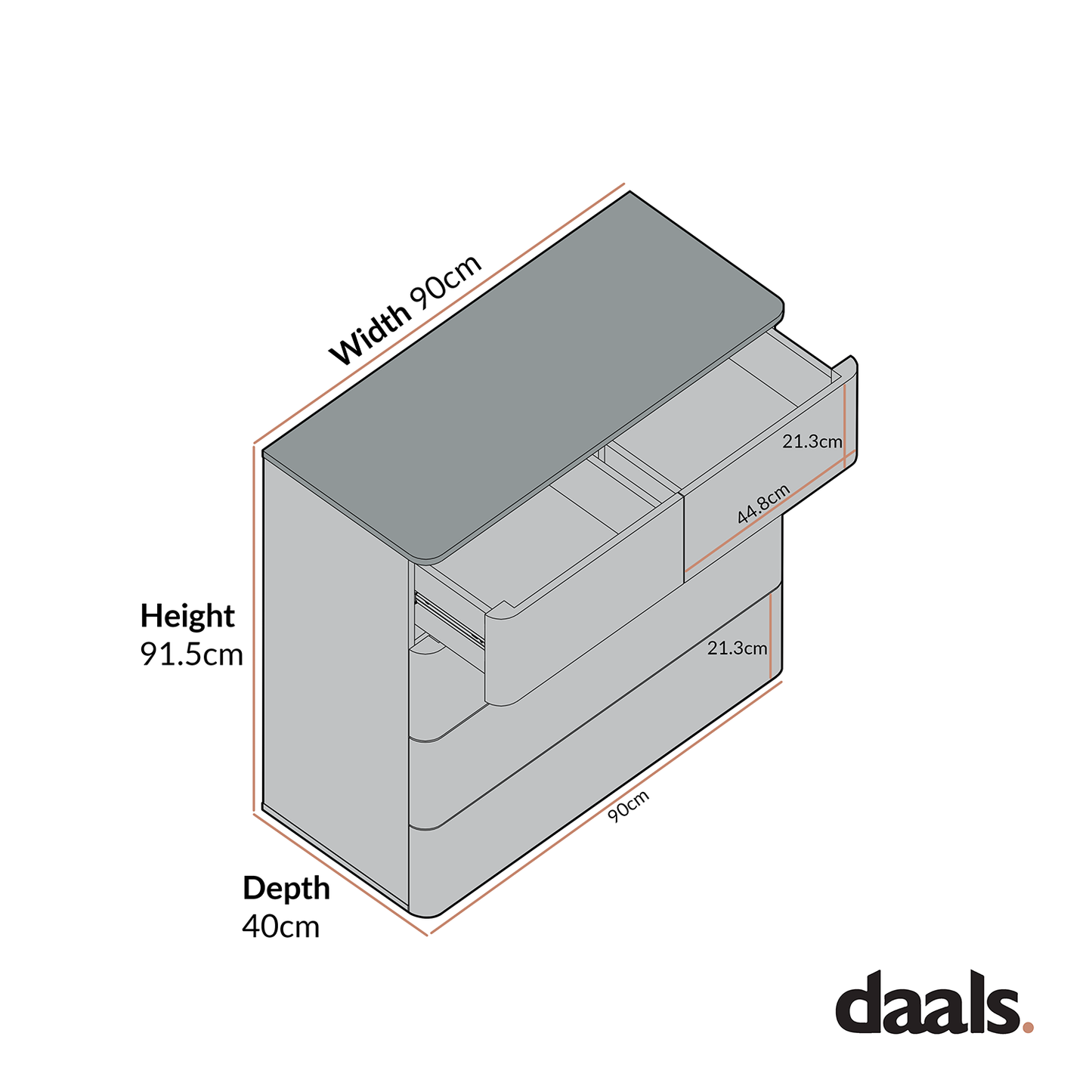 Commode 2 tiroirs sur 3 Agnes à bords incurvés, blanc cassé avec plateau en chêne